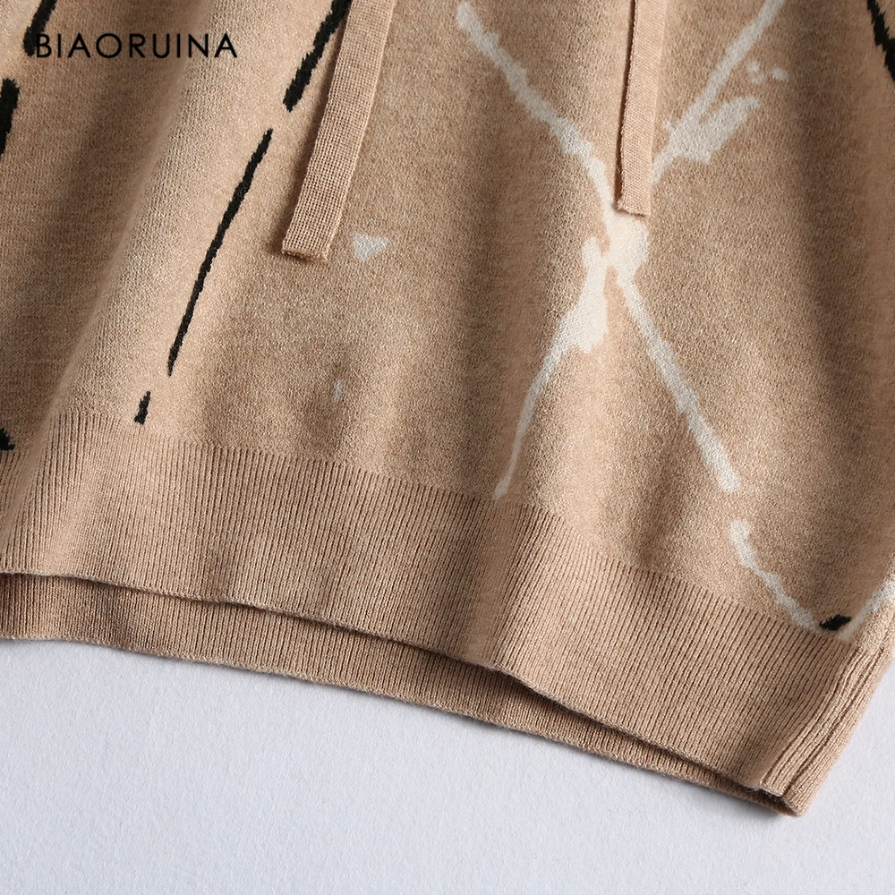 BIAORUINA Women's Casual All-match Mixed Stripes Knitted Hoodies Fashion Winter Fashion Straight Sweatshirt Active Wear One Size