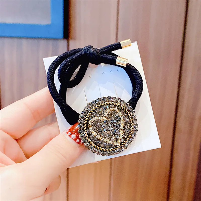 Fashion Heart Elastic Hair Bands Crystal Rhinestone Jewelry Head Rope Hair Ties Korean Girls Women Hair Accessories Scrunchies 50pcs kraft handmade fashion jewelry accessories cards necklace earring hairpin pendant packing cards heart displays cards