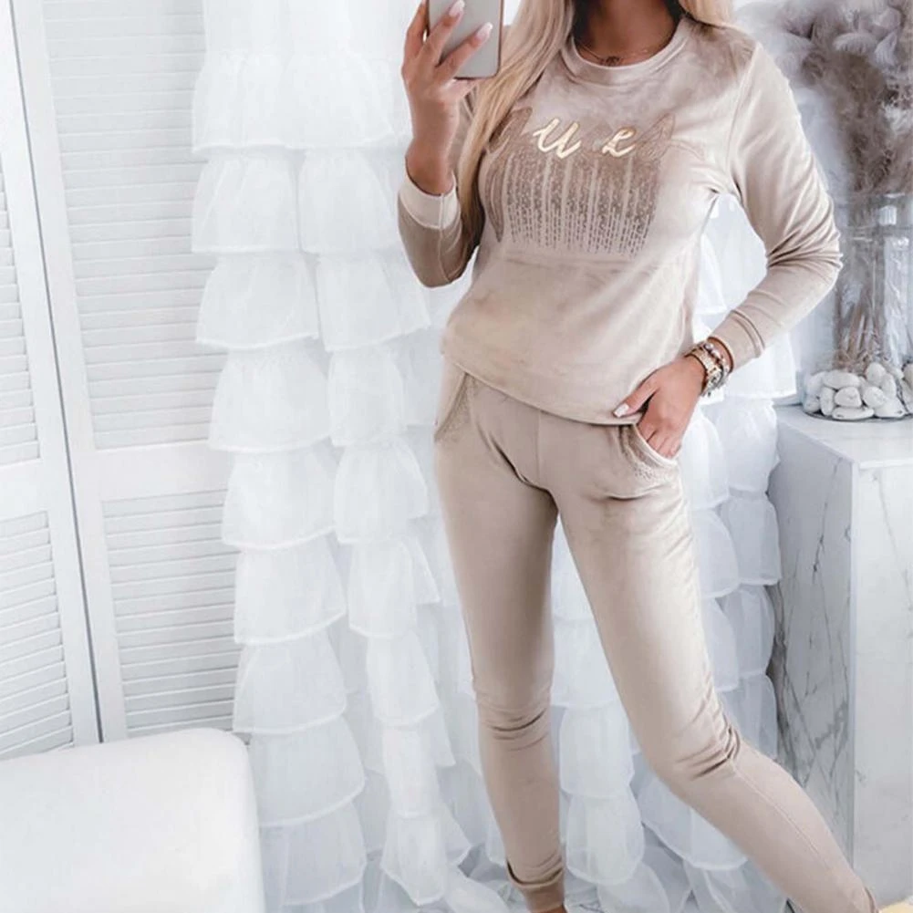 Conjunto de 2 unids/set de deportiva para mujer, blusa bonita, pantalones deportivos, a piel|Trajes de pantalón| - AliExpress