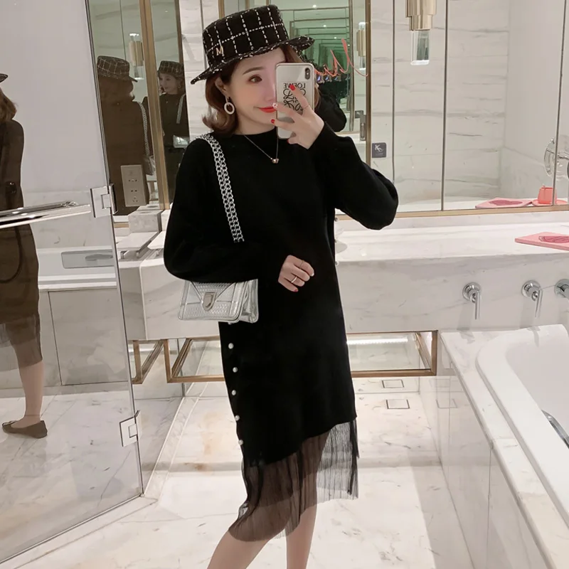 

Sweet Postpartum Women Lactation Beading Knitting Dress Long Sleeve Cotton Patchwork Pleated Chiffon Zipper Breastfeeding Dress