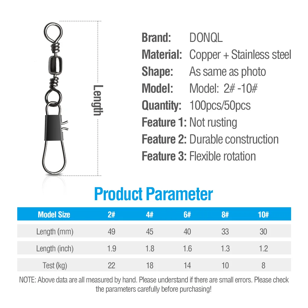 DONQL 50100Pcs Bearing Fishing Connector swivels Interlock Snap Fishhook Lure Line Connector Winter Fishing Tackle Accessories   主图01 (2)