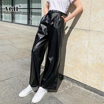 

VGH Pu Trousers For Women High Waist Ruched Lace Up Straight Loose Pockets Casual Pants Female 2020 Autumn Fashion New Clothing