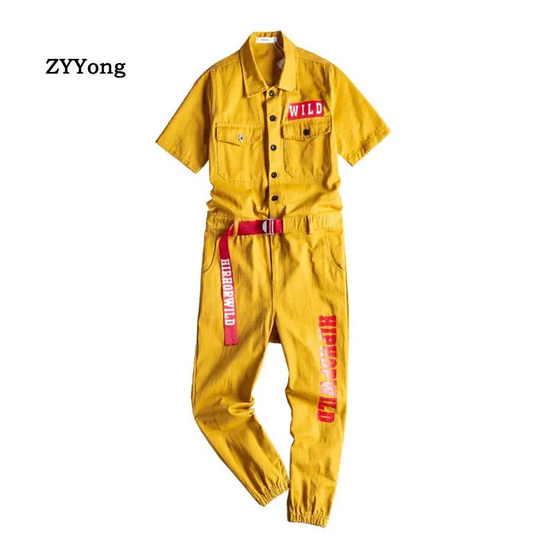 

Summer Men's short Sleeve Jumpsuit Letter Print Multi Pocket Hip Hop Streetwear Cargo Pants Yellow Red Loose Overalls Trousers