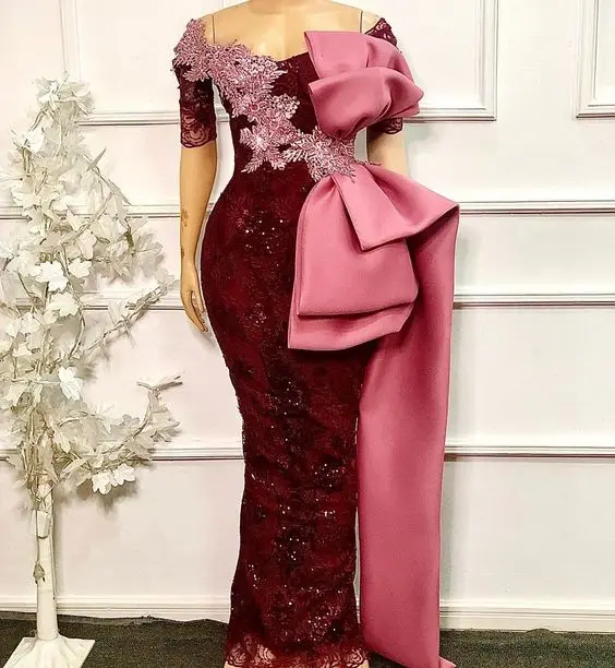 

Burgundy Lace Applique Mother Of the Bride Dresses With Big Bow Aso Ebi Off Shoulder Shiny Sequins Mother Occasion Dress