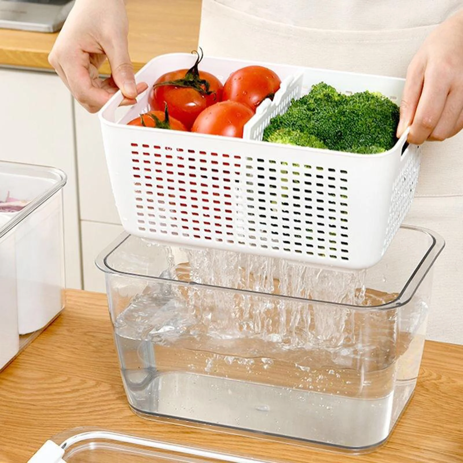 Fridge Drainage Basket with Lid Vegetable Fruit Partitions Storage Box