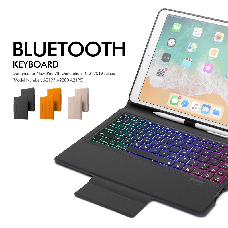 4,0 Bluetooth клавиатура чехол для нового iPad 10,2 дюймов, все-в-одном Беспроводной клавиатура с 7-Цвет освещенная контржурным светом+ Премиум кожаный чехол