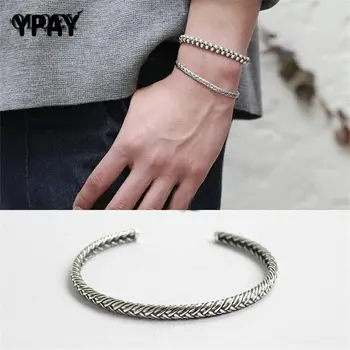 

YPAY Authentic 100% 925 Sterling Silver Braided Rope Design Open Bangles for Women Korean Trendy Creative Fine Jewelry YMB045