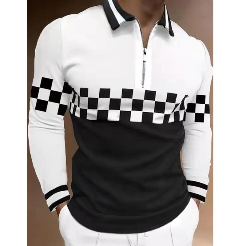 Polo de manga larga para hombre, camiseta informal con cuello vuelto, con cremallera, Tops de manga larga, color blanco y negro, gran oferta|Polo| - AliExpress