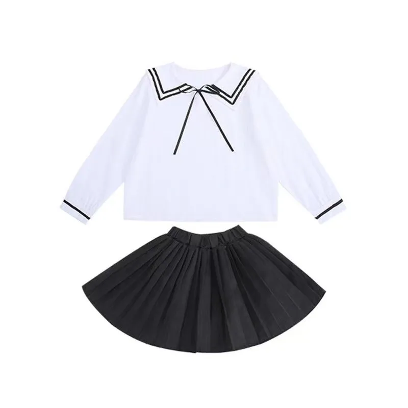 

Girl High Waist Pleated Spring Lolita Preppy Long Sleeves Kids Princess Top And Skirt Designed 2pcs Suits School Uniform Clothes