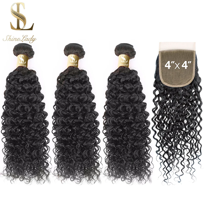 Pacotes de Cabelo Fechamento do Laço Extensões do Cabelo Encaracolado com 4*4 Shinelady Jerry Tecer Cabelo Brasileiro Pacotes Cor Natural Remy Humano 3 Cheap Pacotes com 34 com fecho
