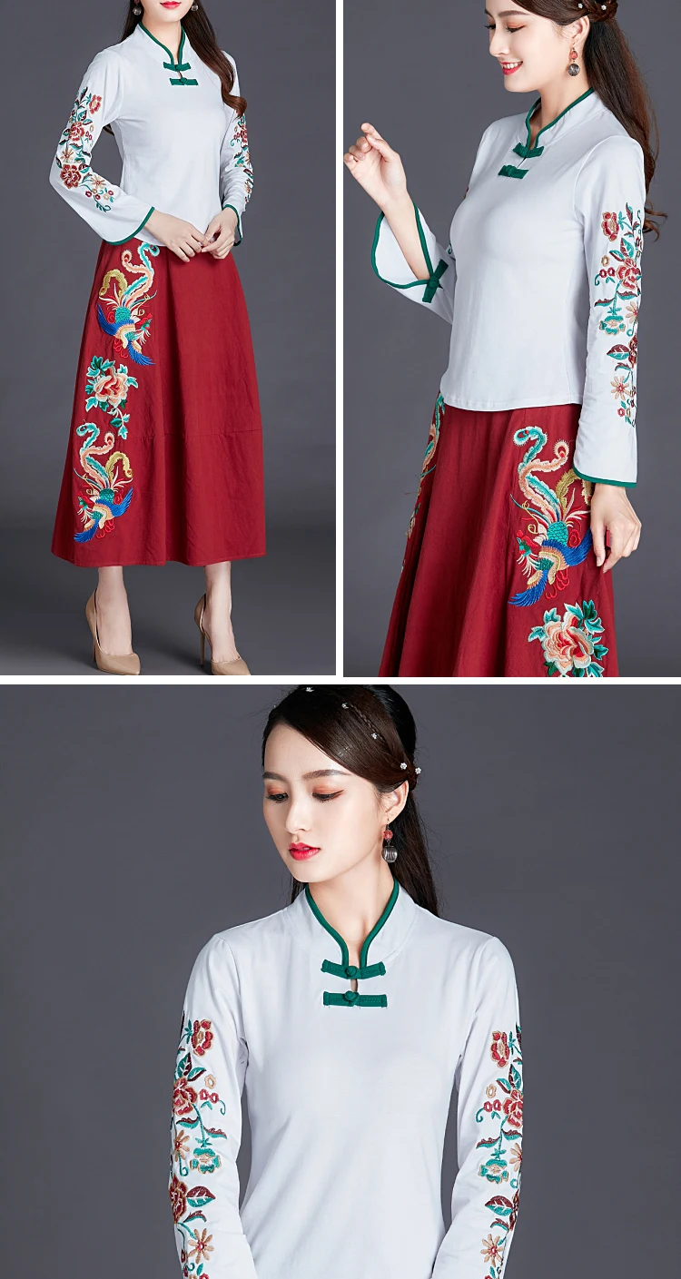KYQIAO blusas mujer de moda традиционная китайская рубашка винтажная Этническая блуза с длинными рукавами и воротником-стойкой красного и черного цвета с вышивкой