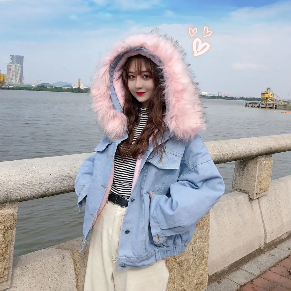 

2019 Autumn And Winter New Style Korean-style Large Fur Collar Hooded Jeans Coat Women's Loose And Plus-sized plus Velvet Lambs