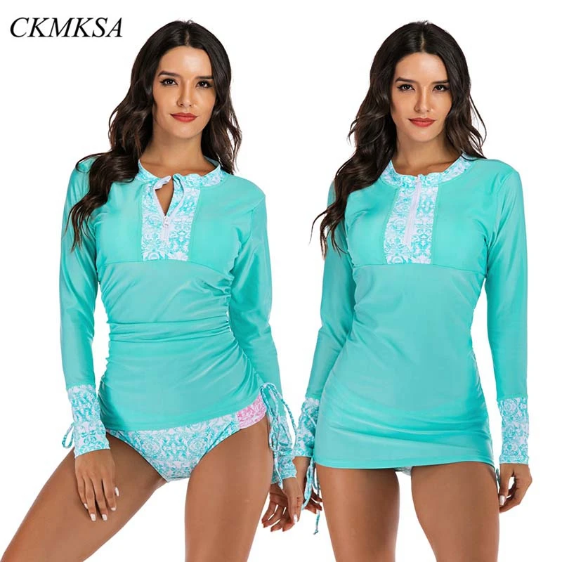 

2019 Solid Two Piece Tankini Skirt Plus Size Swimwear Women Surf Swim Suits Bathing Suit Long Sleeve Rash guard Swimdress Beach