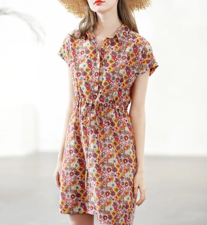 

Women's Floral Print Mini Dress Turn-down Collar Short Sleeve Lace-up Elegant Short Dress