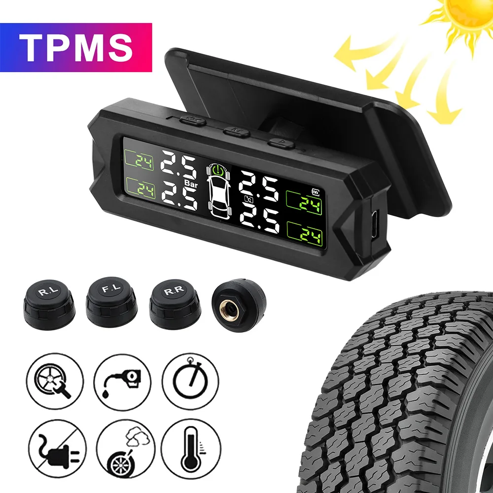 

Солнечные TPMS автомобильные датчики давления в шинах Температура шин цифровой дисплей Беспроводная система мониторинга давления в шинах 4 колеса датчики шин