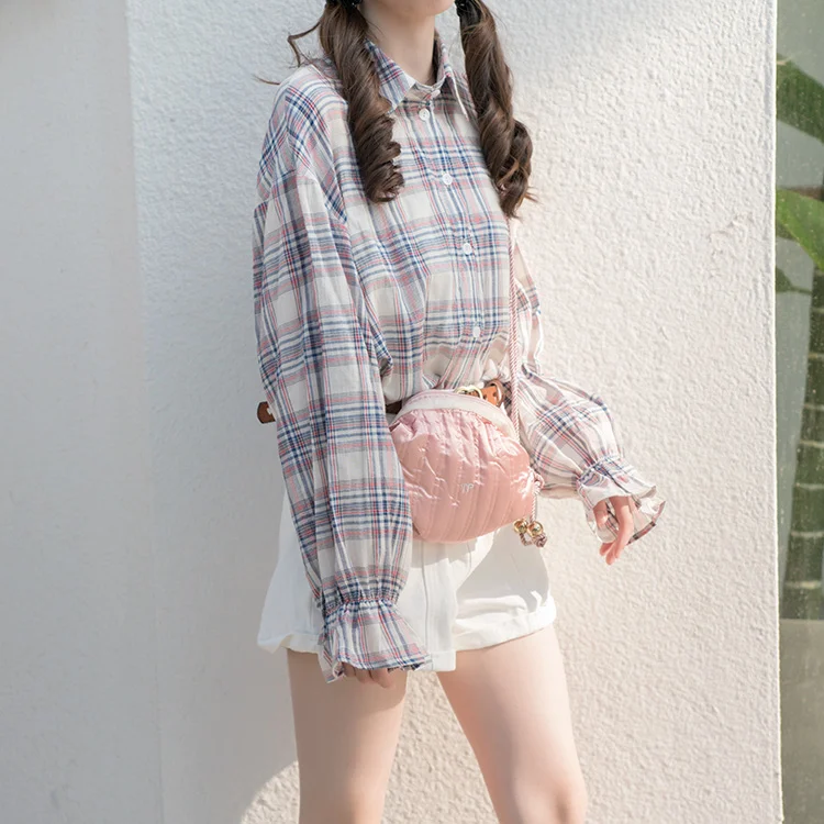 

Women's Summer Plaid Long Sleeve Blouse Turn Down Collar Lantern Sleeve Loose Shirt Loose Blue Red Popular All-Fit Thin