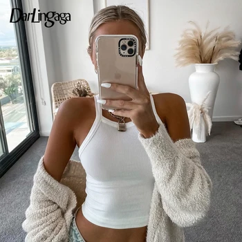 

Darlingaga Casual White Strap Ribbed Crop Top Bodycon Basic Streetwear Summer Top Female Cami Slim Cropped Sexy Tops Sleeveless
