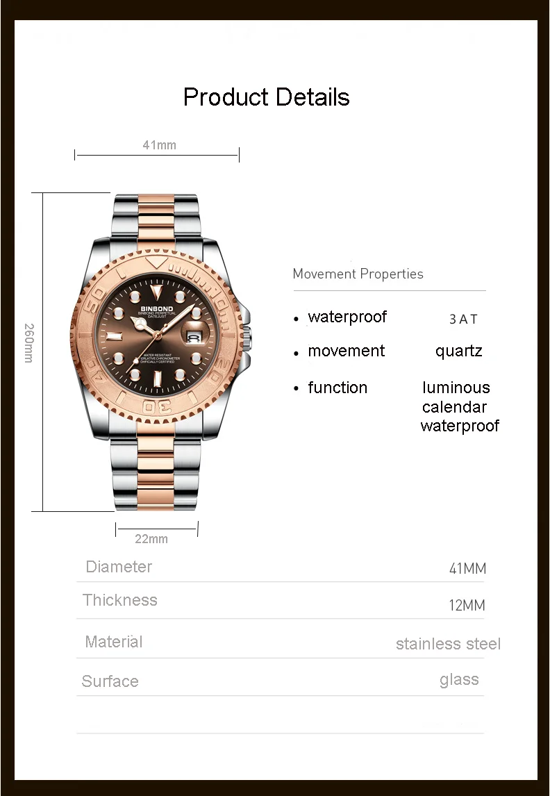 BINBOND Top Brand Luxury Fashion Men Watches Luminous Calendar Waterproof Stainless Steel Watch Quartz Business Wristwatch