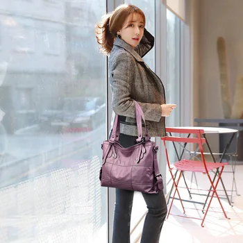 

Women PU Leather Handbag Stitching Big Capacity Shoulder Bag Soft Tote for Shopping New d88