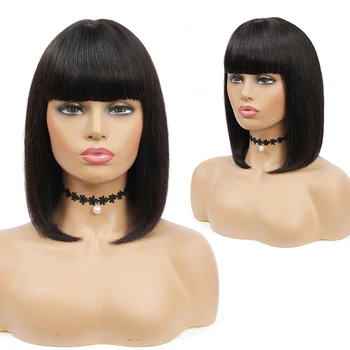 

Short Bob Human Hair Wigs With Bangs Brazilian Straight Full Machine Made Wigs For Black Women Non-Remy Pixie Cut Wigs SOKU