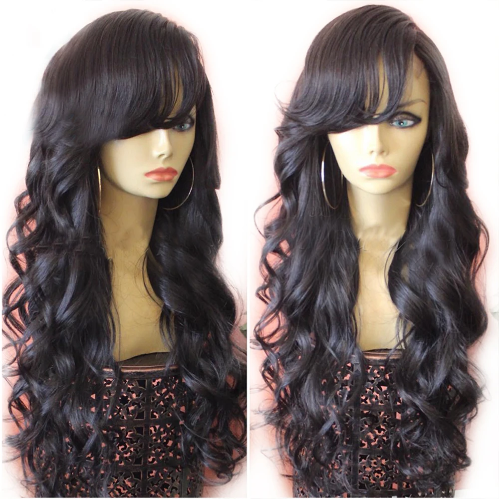 

Eversilky 13x4 Lace Front Wig With Bangs Long Body Wave Peruvian Remy Human Hair Wigs With Baby Hair Pre Plucked Side Fringe Wig