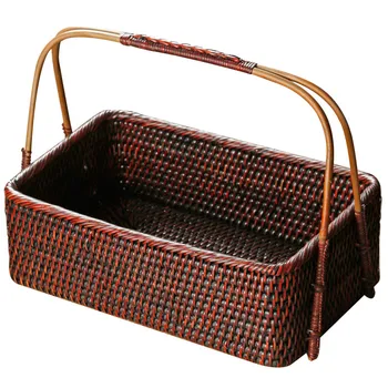 

Rattan Tea Set Storage Box Chinese Style Handmade Basket Desktop Finishing Bamboo and Wood Kung Fu Cup Cage Bag
