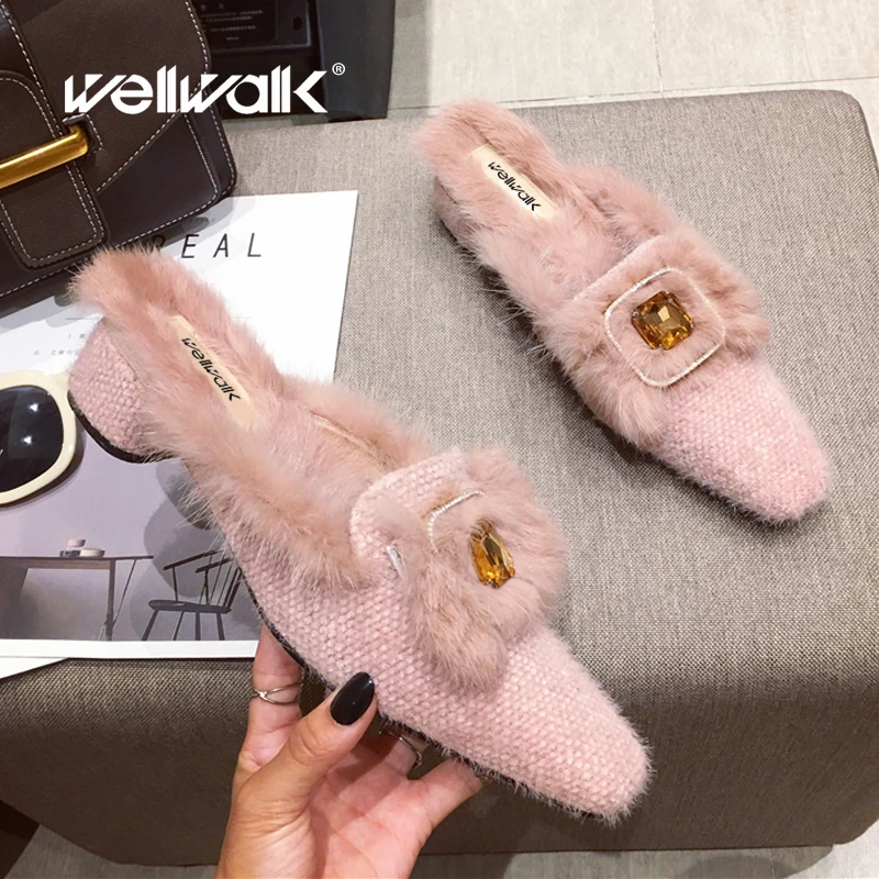 Pink Fur Shoes Women Heels Slippers Unicorn Rhinestone Decoration Female Winter Mules Block Heel Slides Plush Chic Gothic Style | Обувь