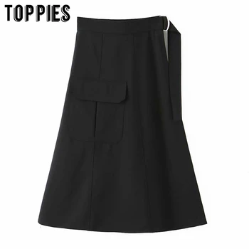 

2020 spring summer black a-line skirts high waist pocket midi skirts lady elegant faldas streetear