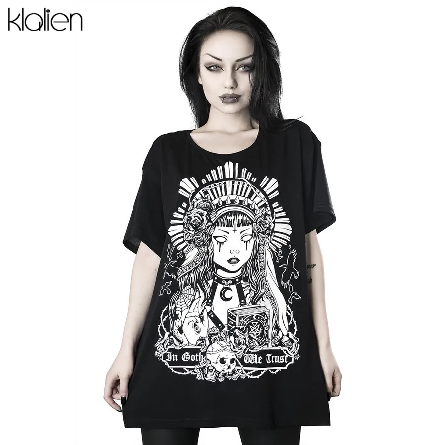 KLALIEN ghost Печать Эластичный o-образным вырезом Половина рукава femme длинные топы для девочек Лето Свободные новые женские модные готические футболки