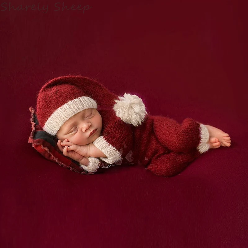 red eecoo Newborn Photography Props Wool Baby Christmas Wrap Hat Adorable Photo Shooting Costumes Newborn Photography Props Outfits