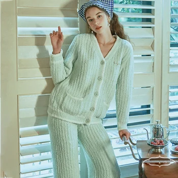 

Pajamas Set Women Winter Thick Warm Long Sleeve Pocket V Neck Soft Pajamas 2 Pcs Mujer Home Wear Chic Casual Sleepwear Sets