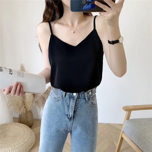 Korean Fashion Chiffon Women Tops Woman V-Neck Vest Blouse Top Summer Women Sleeveless Top 2022 Blouses Black