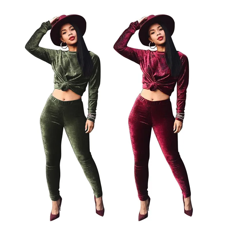 

Модный повседневный плюшевый бархатный эластичный Женский комплект из 2 предметов, зимний теплый Корейский Бархатный укороченный топ, футболка и брюки-карандаш, комплекты