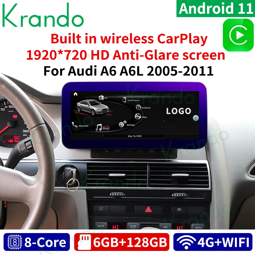 

Автомобильный мультимедийный плеер Krando, Android 13,0, 12,3 дюйма, для Audi A6, A6L, 2005-2011, Авторадио, беспроводной, Carplay, навигатор, GPS, IPS экран