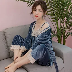 Autumn and Winter Fashion Korean Golden Velvet Korean Three Piece Set can Go Out Lace Pajamas Women's Home Clothes Set