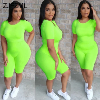 

Sexy Fitness Two Piece Set Summer Women Club Outfits O Neck Short Sleeve Slim Fit Top And Bodycon Midi Shorts Casual Sweat Suit