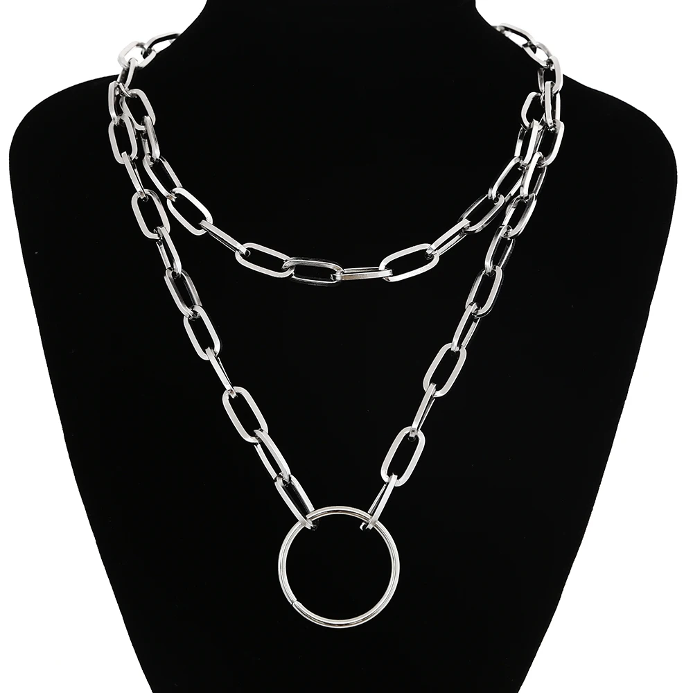 Double layer Lock Chain necklace punk 90s link chain silver color padlock pendant necklace women fashion gothic jewelry