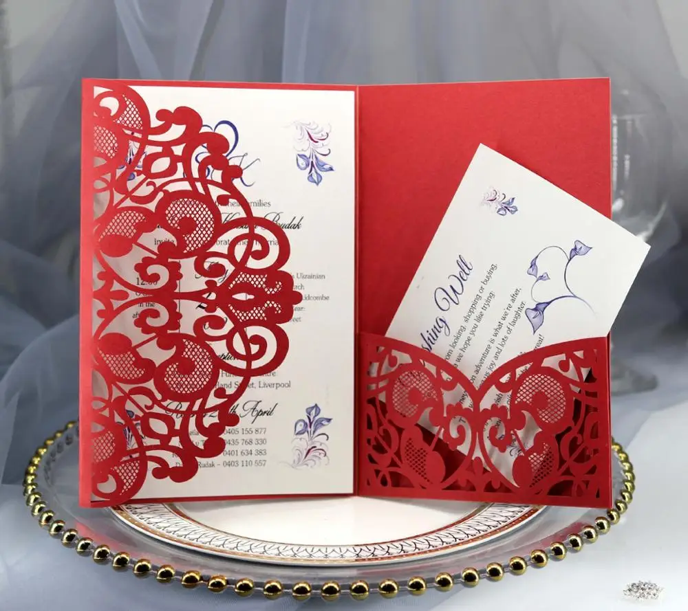 Red Cover and inner 1 шт., синие, белые, европейские свадебные пригласительные открытки с лазерной огранкой, трехслойные кружевные бизнес поздравительные открытки, принадлежности для свадебной вечеринки - Цвет: Red Cover and inner