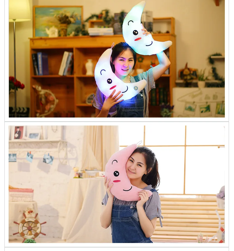 New Kawaii Dream and Creative Colorful Luminous Pillow Plush Toy Moon and Nightlight Doll Girls and Children Birthday Gifts