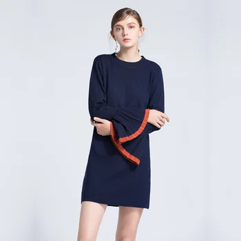 

women knitted sweater dresses long sleeve 2020 autumn navy horn sleeve loose Elastic Sexy Lady knitwear