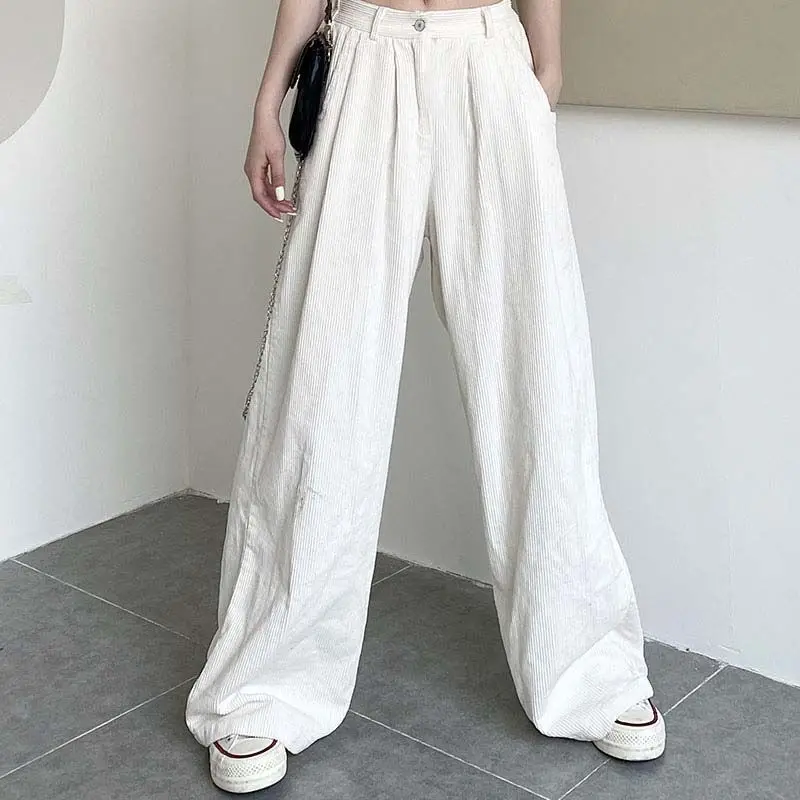 Pantaloni di velluto a coste bianchi per donna autunno Harajuku coreano  retrò gamba larga pantaloni dritti allentati semplici pantaloni casual  mopping tendenza|Pants \u0026 Capris| - AliExpress