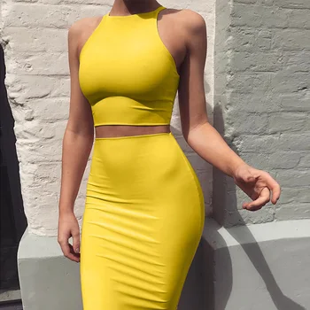 

Summer Dress 2020 Slim Fit Bodycon Crop Top and Skirt Two Pieces Dress Set Yellow Club Outfit Sexy Clothes For Women Vestidos