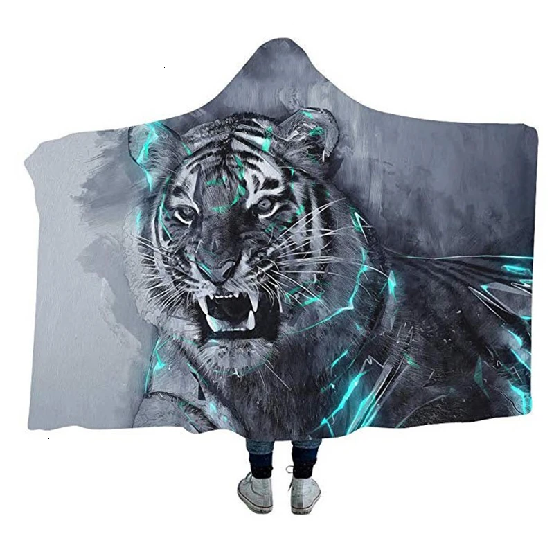Художественное одеяло для взрослых с капюшоном и принтом тигра, Флисовое одеяло для ношения, мужской и женский плед, плащ для дома, офиса, путешествий - Цвет: Model 17