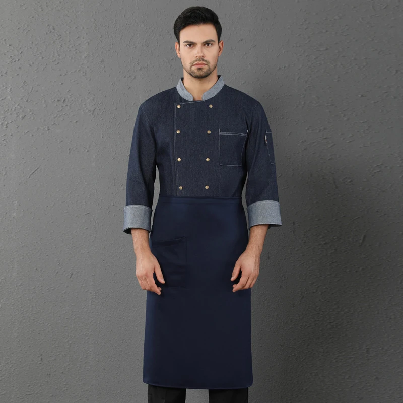 High Quality Denim Long Sleeve Chef Uniform Unisex Double Breasted Overalls Hotel Cafe Bakery Barber Shop Waiter Work Jacket