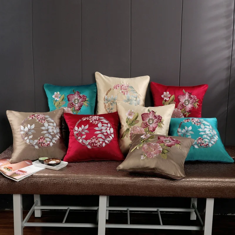 Атлас Вышивка Узор цветы пиона Подушка Cojines Decorativos Para диван Новый год домашние декоративные подушки