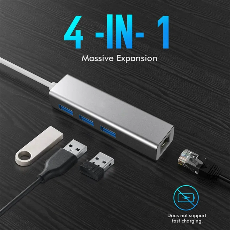 HUB USB Ethernet de 1000Mbps, adaptador Ethernet de 3 puertos USB 3,0 tipo C a Rj45, Gigabit, para PC, portátil, Accesorios de ordenador
