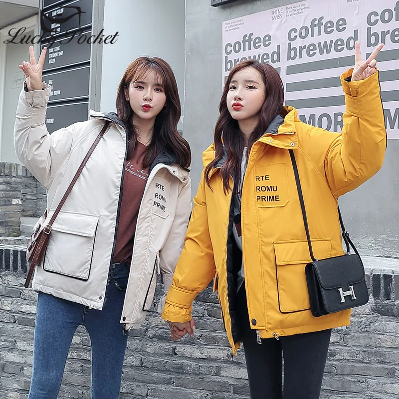 

2019 Winter New Women Safari Style Hooded Jacket Thick Warm Letter Print Coat Female Plus Size Loose Parka Zipper Outerwear Q515