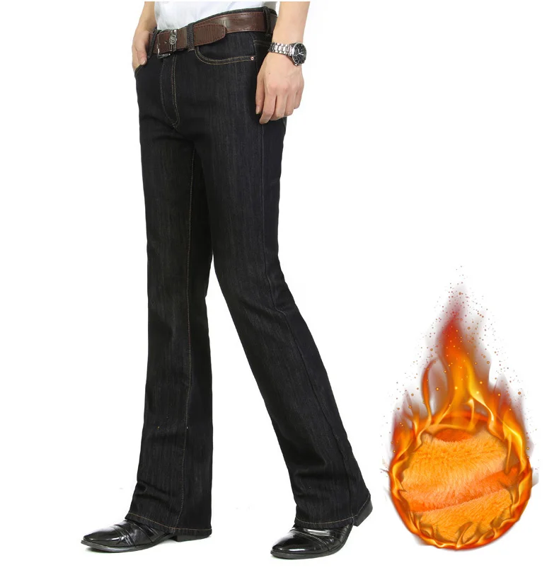 Winter Warm fleece flare Jeans Thickening Boot Cut Jeans Male Mid Waist Business casual flares pants Bellbottom Trousers 26-38