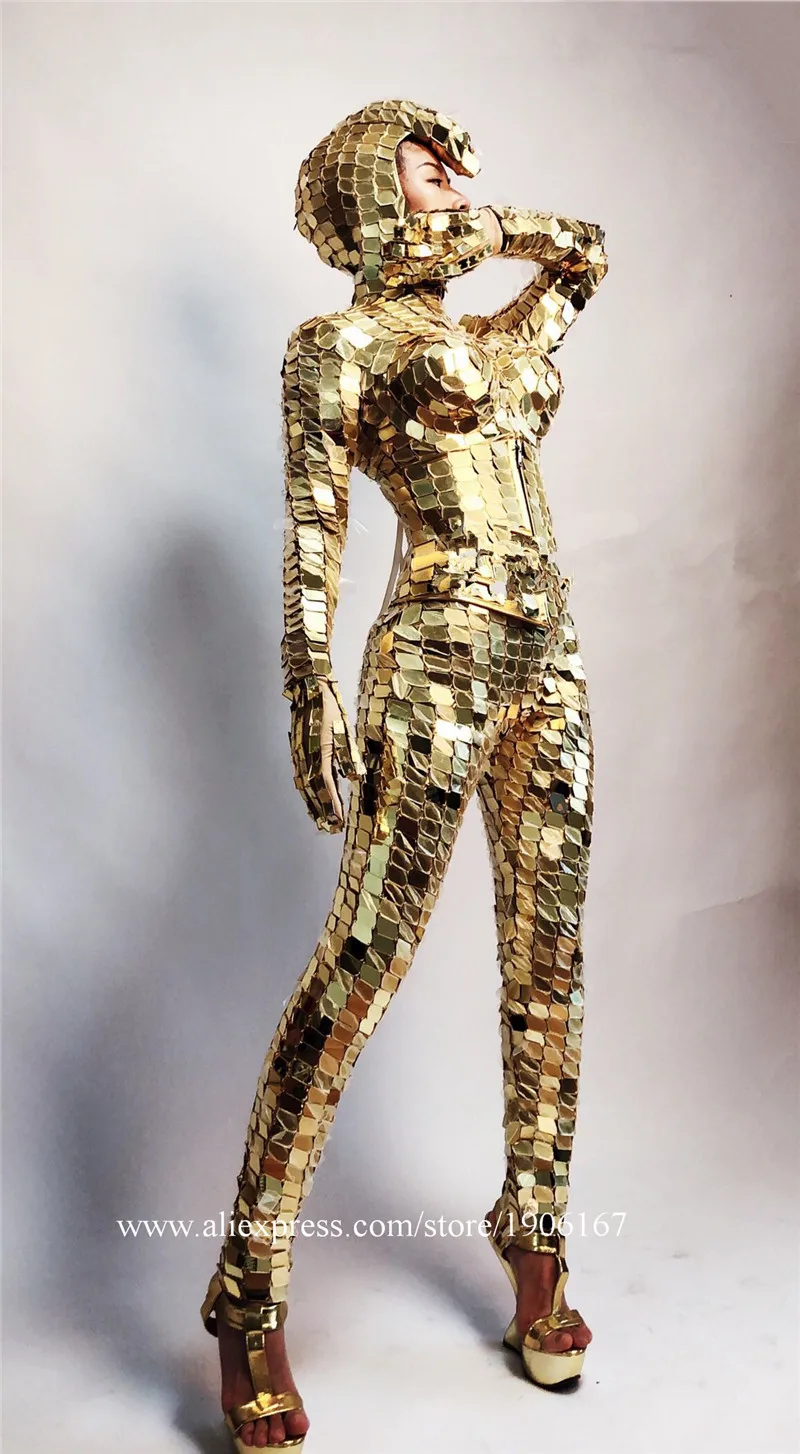 Sexy gold mirror costumes robot women suit dj perform wears mirror bodysuit singer jumpsuit mirror clothe party outfit disco02