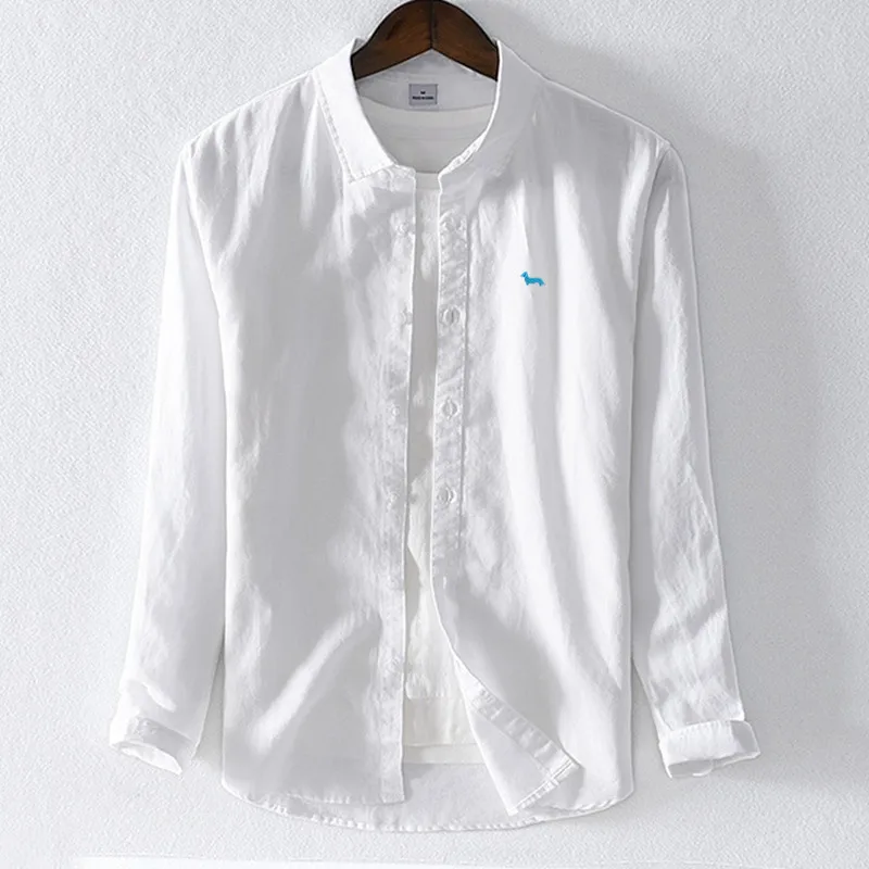 Мужской летний льняной хлопковый топ с длинными рукавами и вышивкой 4XL camisa masculina chemise homme гавайская рубашка уличная - Цвет: Белый